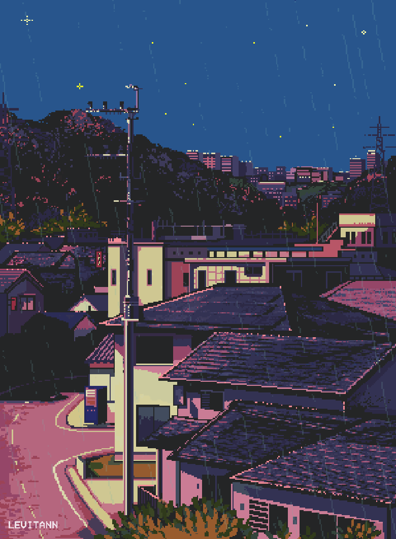 gif of rainy town in pixel art